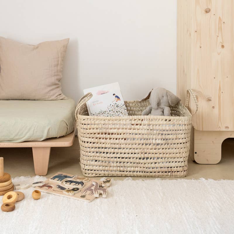 Large Handwoven Palm Leaf Storage Basket – Moroccan Home Organizer