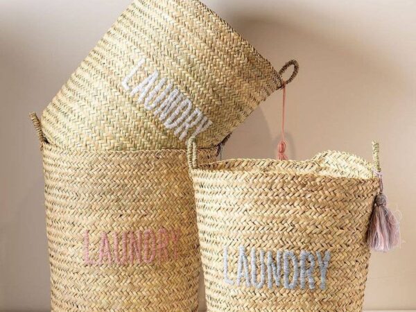 Title: Woven Palm Basket Laundry with Handles 🌸