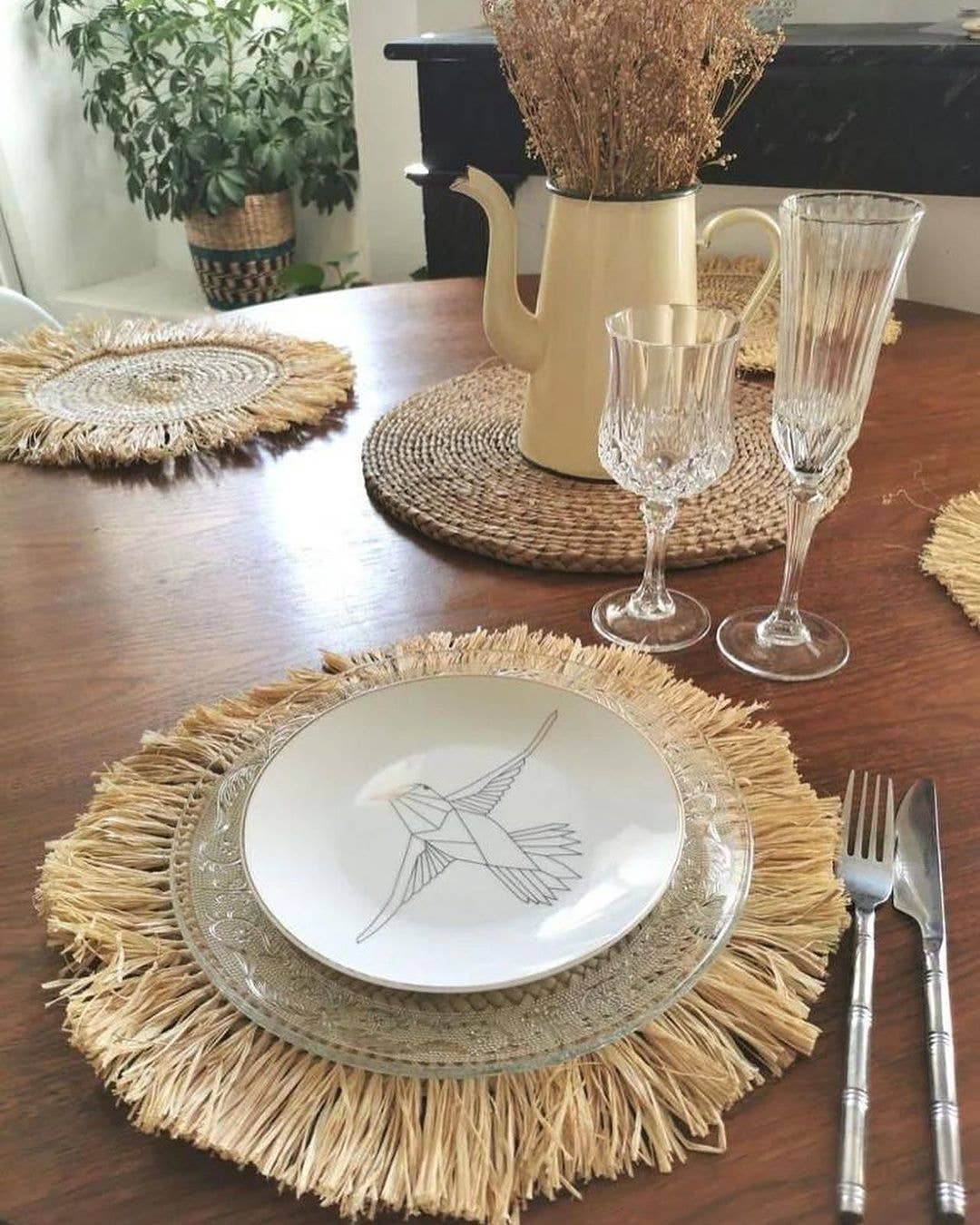 Handwoven Wicker Moroccan Placemats with Tassels – Boho Table Decor