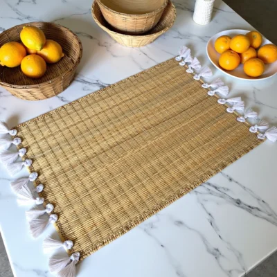 Hand-Woven Moroccan Tassel Placemats – Rattan & Cotton Dining Decor (15.5″ × 12″)