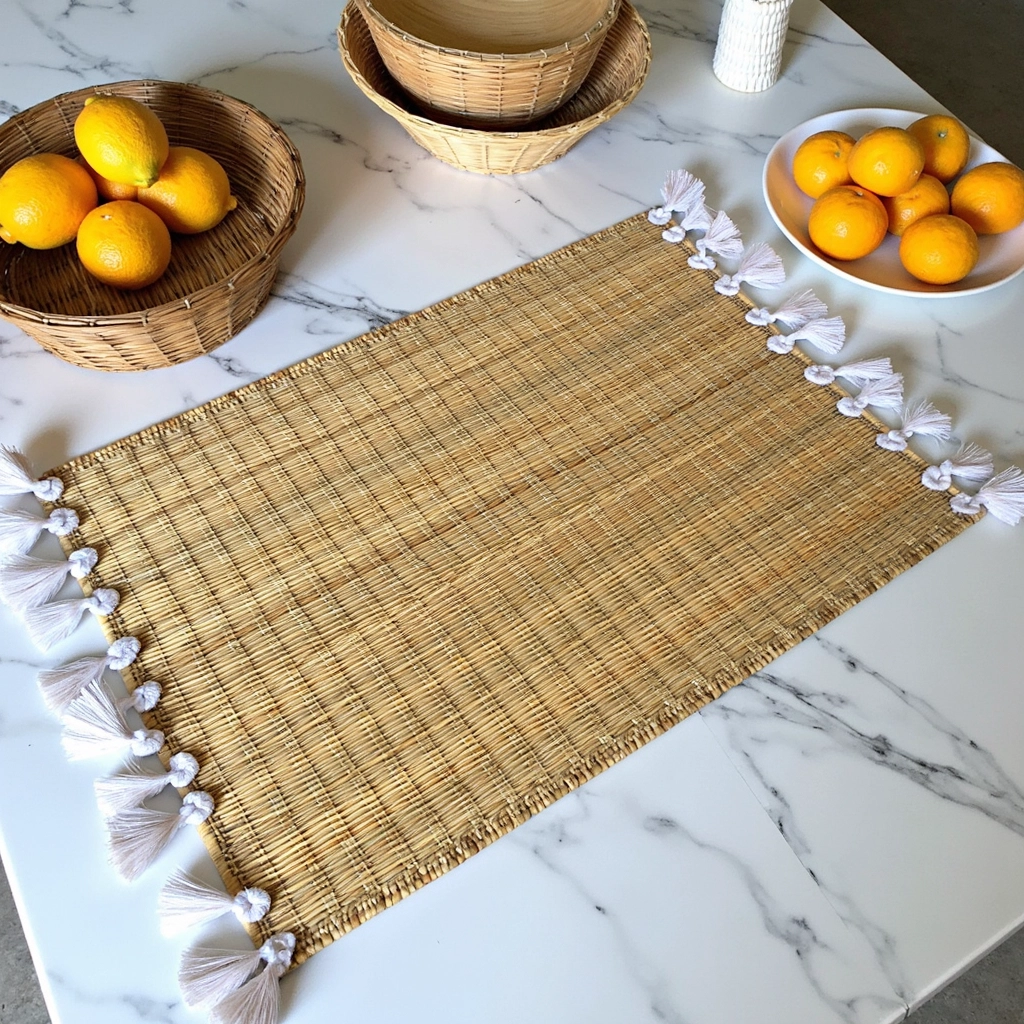 Hand-Woven Moroccan Tassel Placemats – Rattan & Cotton Dining Decor (15.5″ × 12″)