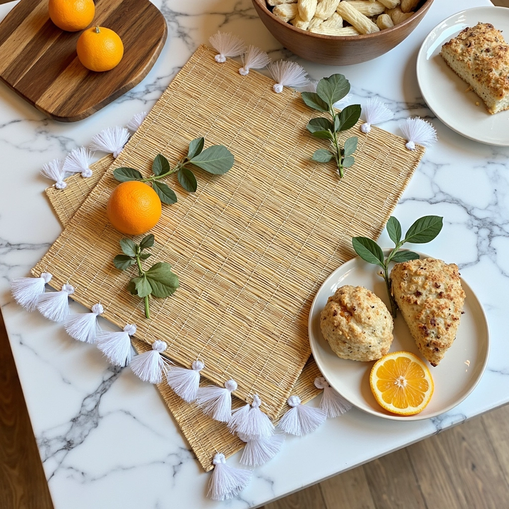 Hand-Woven Moroccan Tassel Placemats – Rattan & Cotton Dining Decor (15.5″ × 12″)