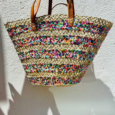 Sequin Basket – Handwoven Doum Palm Fiber Tote with Leather Handles & Drawstring Closure