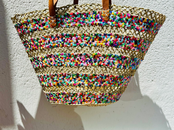 Sequin Basket – Handwoven Doum Palm Fiber Tote with Leather Handles & Drawstring Closure