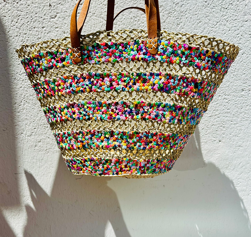 Sequin Basket – Handwoven Doum Palm Fiber Tote with Leather Handles & Drawstring Closure