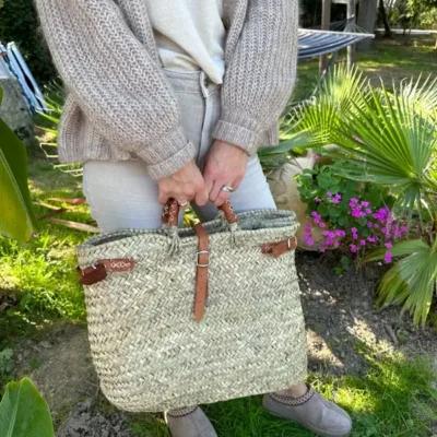 Handwoven Palm Leaf & Leather Handbag – Moroccan Artisan Tote (38×35 cm)