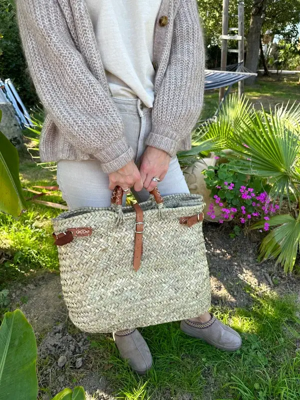 Handwoven Palm Leaf & Leather Handbag – Moroccan Artisan Tote (38×35 cm)