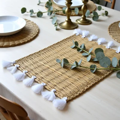 Hand-Woven Moroccan Tassel Placemats – Rattan & Cotton Dining Decor (15.5″ × 12″)