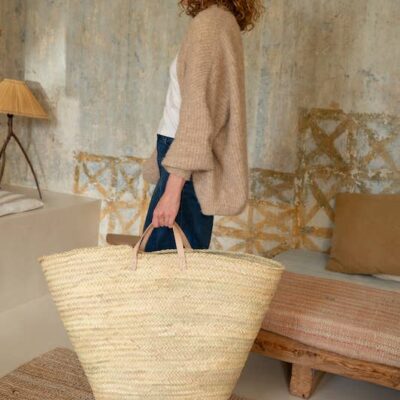 XL Handwoven Palm Leaf Basket with Leather Handles – Moroccan Storage & Decor