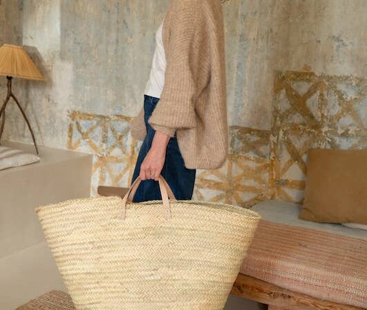 XL Handwoven Palm Leaf Basket with Leather Handles – Moroccan Storage & Decor