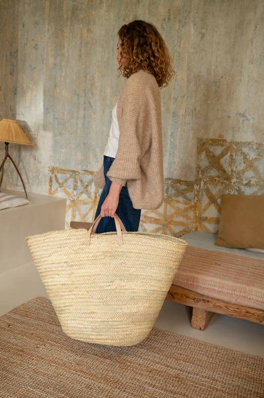 XL Handwoven Palm Leaf Basket with Leather Handles – Moroccan Storage & Decor