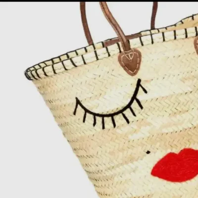 Handmade Straw Tote Bag with Eye Pattern – Moroccan Woven Basket with Drawstring Closure