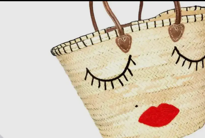 Handmade Straw Tote Bag with Eye Pattern – Moroccan Woven Basket with Drawstring Closure