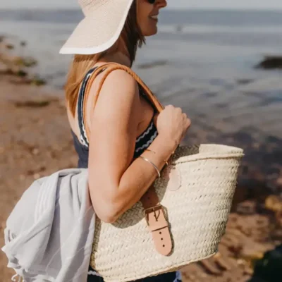 French Style Basket Tote Bag with Buckle – Handwoven Palm Leaf & Leather Handles