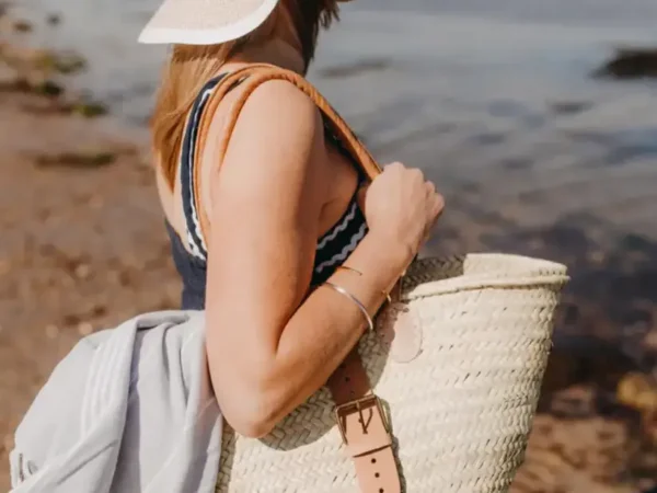 French Style Basket Tote Bag with Buckle – Handwoven Palm Leaf & Leather Handles