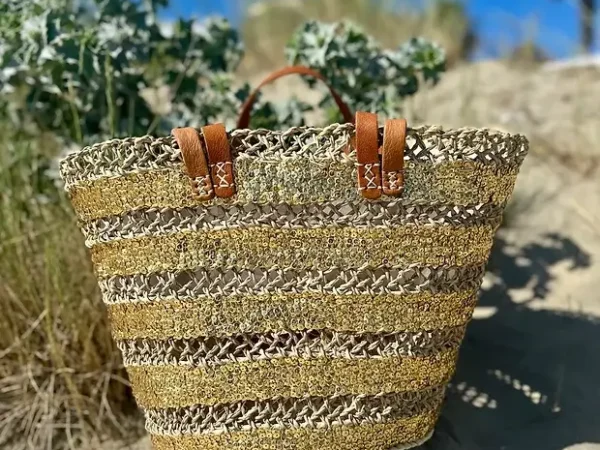 Sequin Basket – Handwoven Doum Palm Fiber Tote with Leather Handles & Drawstring Closure