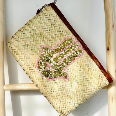 Handwoven Straw Pouch with Sequin Hamsa Design – Boho Chic Clutch