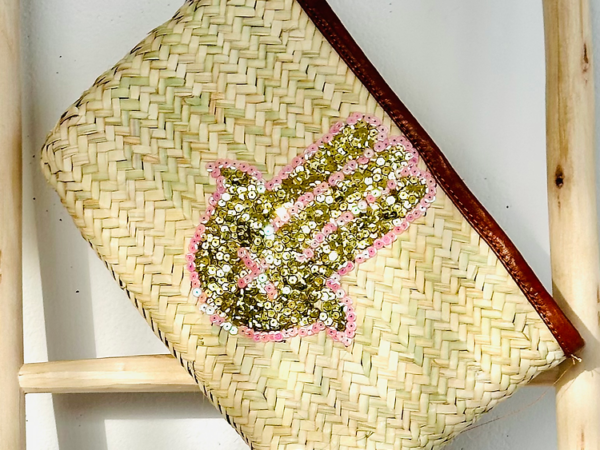 Handwoven Straw Pouch with Sequin Hamsa Design – Boho Chic Clutch