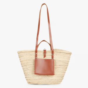 Handwoven Doum Palm Basket – Brown Leather & Natural Palm Tote | 26×40×14 cm