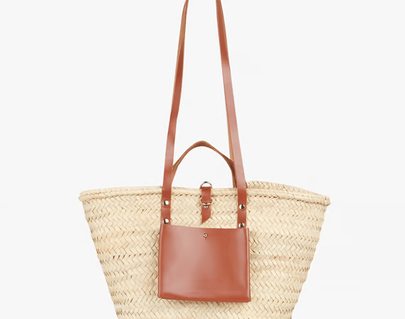 Handwoven Doum Palm Basket – Brown Leather & Natural Palm Tote | 26×40×14 cm