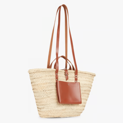 Handwoven Doum Palm Basket – Brown Leather & Natural Palm Tote | 26×40×14 cm