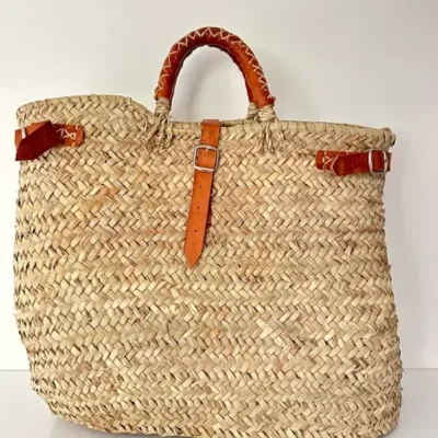 Handwoven Palm Leaf & Leather Handbag – Moroccan Artisan Tote (38×35 cm)