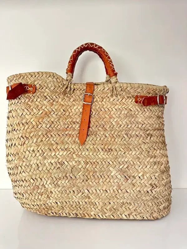 Handwoven Palm Leaf & Leather Handbag – Moroccan Artisan Tote (38×35 cm)