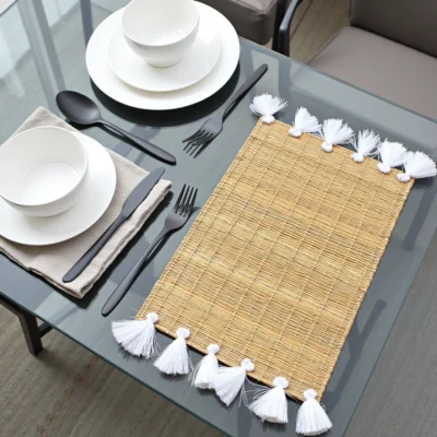 Hand-Woven Moroccan Tassel Placemats – Rattan & Cotton Dining Decor (15.5″ × 12″)
