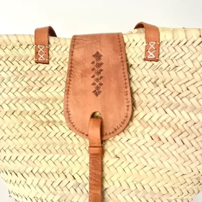Palm Leaf and Leather Basket – Handwoven Moroccan Storage & Decor Tote