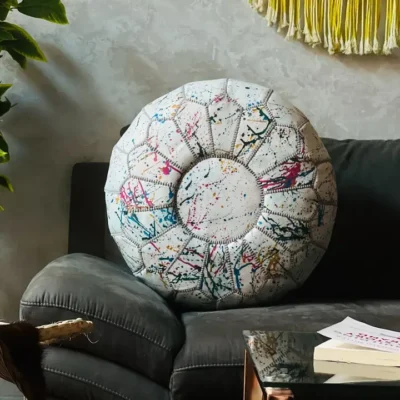 67d0190f9f895b7caaaf9cdd9b3bcfb84c3270caab21959073a0d69429e44339.webp Rainbow Moroccan Round Leather Pouf 🌈✨