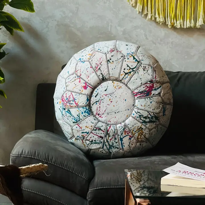 67d0190f9f895b7caaaf9cdd9b3bcfb84c3270caab21959073a0d69429e44339.webp Rainbow Moroccan Round Leather Pouf 🌈✨