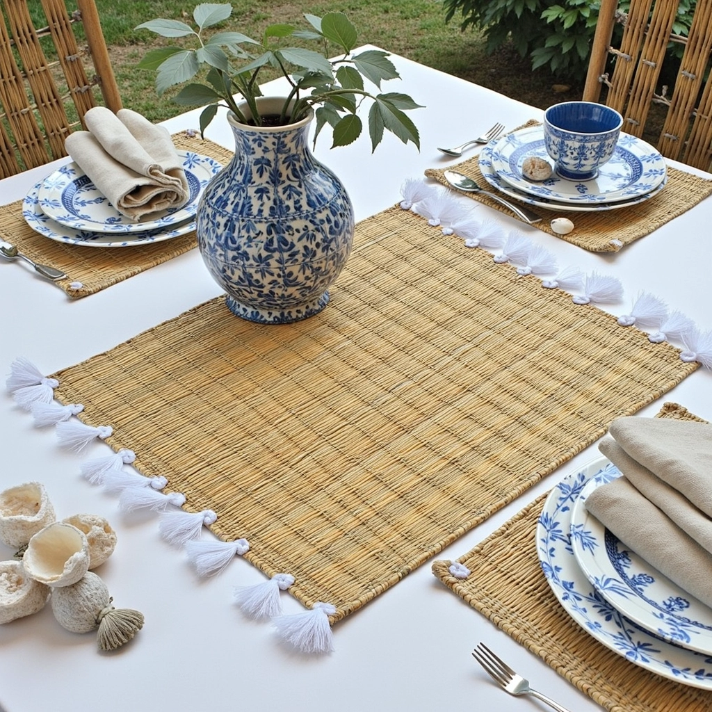 Hand-Woven Moroccan Tassel Placemats – Rattan & Cotton Dining Decor (15.5″ × 12″)