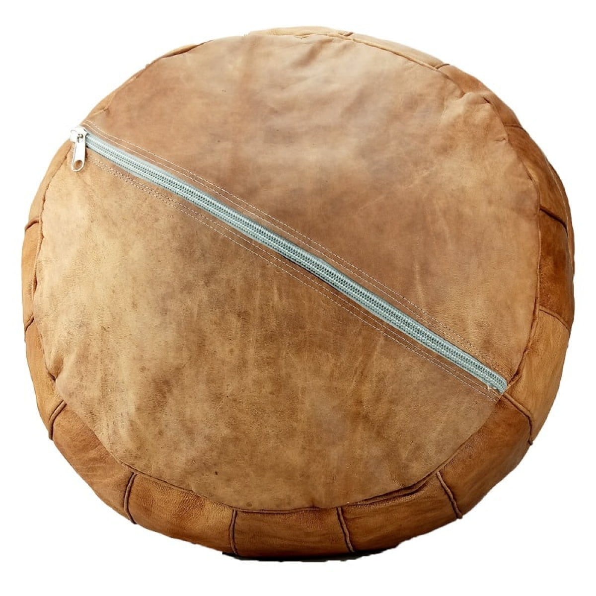 74121855_3342490399102377_3030450021213405184_n-1200x1200-1.jpg Handcrafted Moroccan Round Leather Pouf – Light Brown (21″ × 16″)