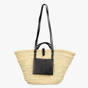 Handwoven Doum Palm Basket – Black Leather Moroccan Tote (26×40×14 cm)