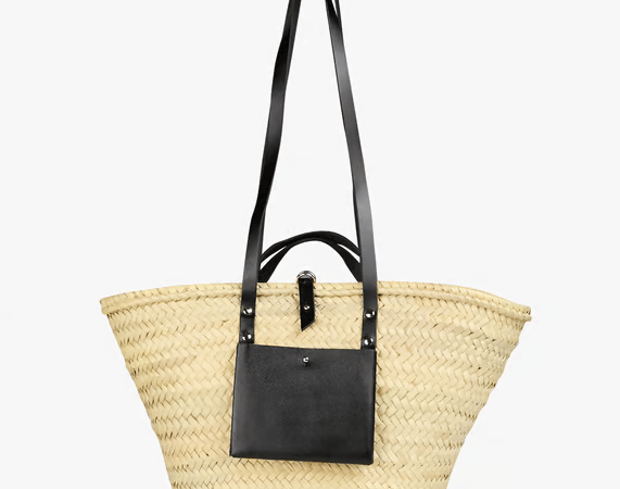 Handwoven Doum Palm Basket – Black Leather Moroccan Tote (26×40×14 cm)