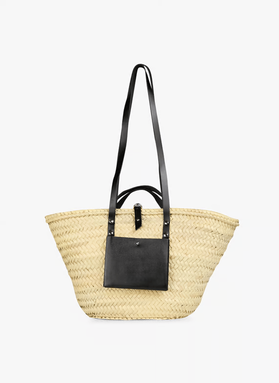 Handwoven Doum Palm Basket – Black Leather Moroccan Tote (26×40×14 cm)