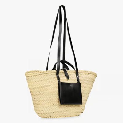 Handwoven Doum Palm Basket – Black Leather Moroccan Tote (26×40×14 cm)