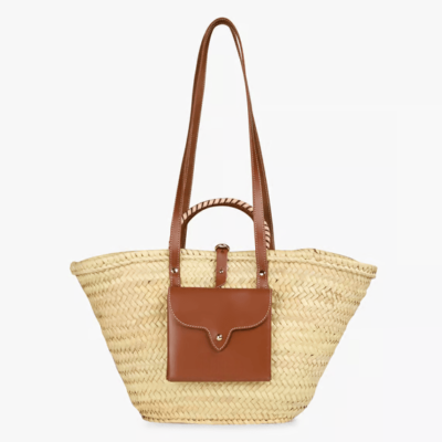 Braided Doum Palm Basket – Handwoven Moroccan Tote with Leather Handles (38×26×13 cm)