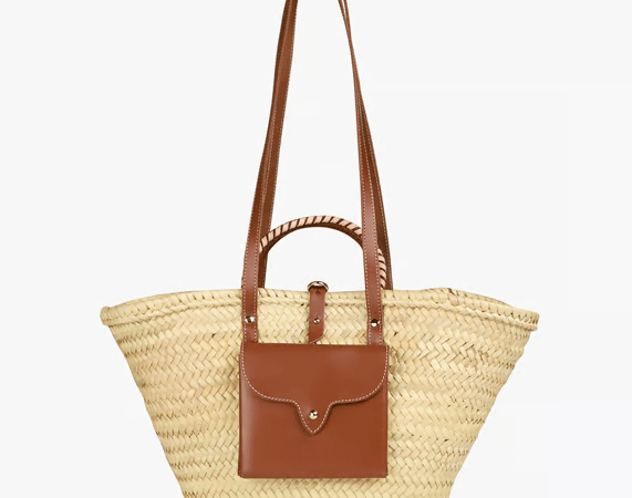 Braided Doum Palm Basket – Handwoven Moroccan Tote with Leather Handles (38×26×13 cm)