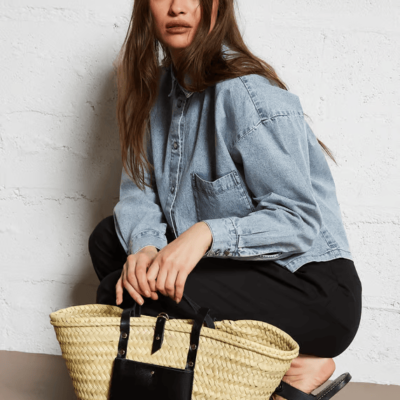Handwoven Doum Palm Basket – Black Leather Moroccan Tote (26×40×14 cm)