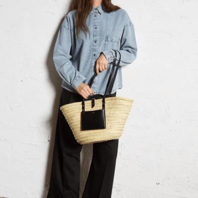 Handwoven Doum Palm Basket – Black Leather Moroccan Tote (26×40×14 cm)