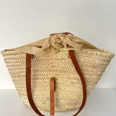 Palm Leaf and Leather Basket – Handwoven Moroccan Storage & Decor Tote