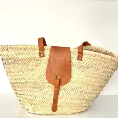 Palm Leaf Basket – Handwoven Moroccan Tote with Leather Accents