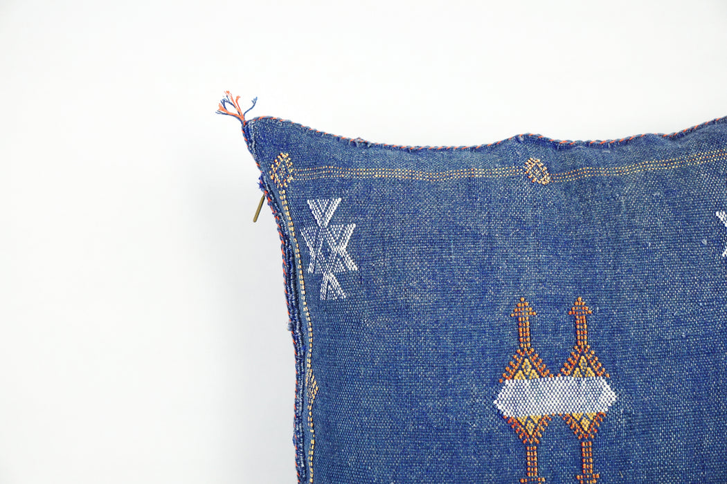 Navy Blue Moroccan Cactus Silk Pillow Cover – Handwoven Sabra Cushion (50×50 cm | 60×40 cm)