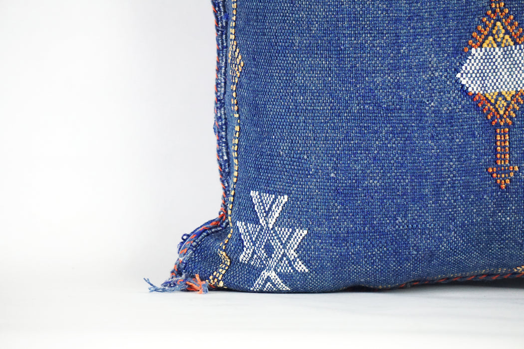 Navy Blue Moroccan Cactus Silk Pillow Cover – Handwoven Sabra Cushion (50×50 cm | 60×40 cm)