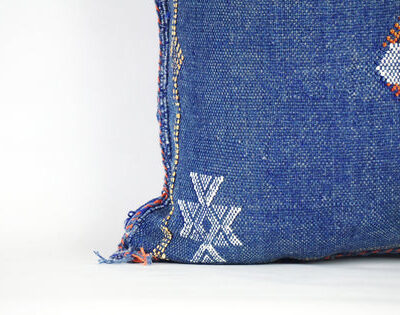 Navy Blue Moroccan Cactus Silk Pillow Cover – Handwoven Sabra Cushion (50×50 cm | 60×40 cm)