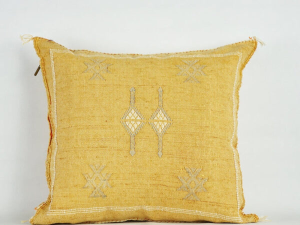Yellow Moroccan Cactus Silk Pillow Cover – Handwoven Bohemian Sabra with YKK Zipper (19″ × 19″ / 50 × 50 cm)
