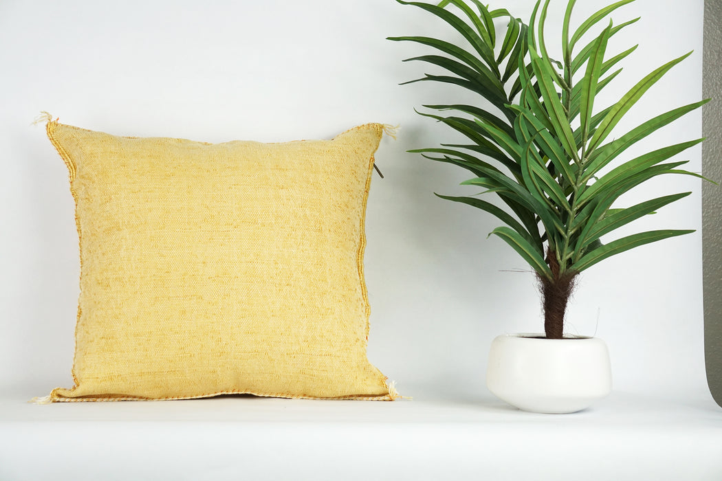 Yellow Moroccan Cactus Silk Pillow Cover – Handwoven Bohemian Sabra with YKK Zipper (19″ × 19″ / 50 × 50 cm)