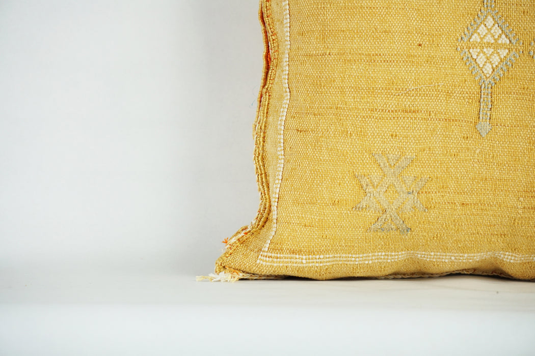 Yellow Moroccan Cactus Silk Pillow Cover – Handwoven Bohemian Sabra with YKK Zipper (19″ × 19″ / 50 × 50 cm)