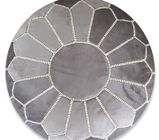 Velvet Pouffe – Grey and White | 55x35 cm Handcrafted Round Ottoman